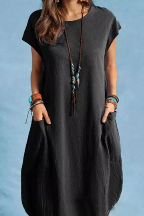 Short Sleeve Solid Color Midi Dress
