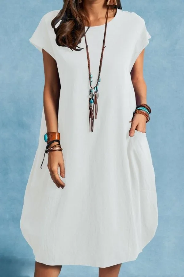 Short Sleeve Solid Color Midi Dress