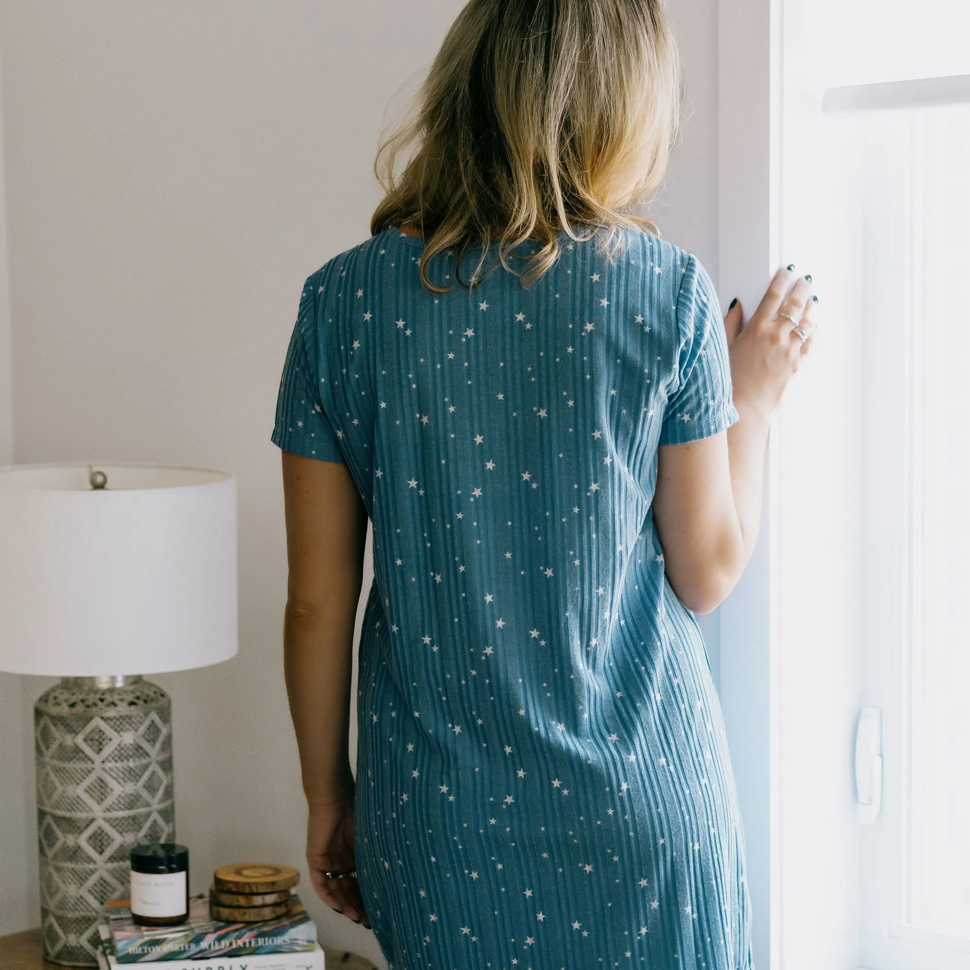 Short Sleeve V-Neck Nightshirt with Henley Placket