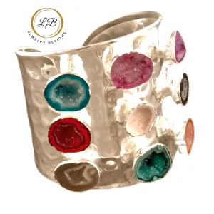 Sterling Silver Multi-Colored Geode Druzy Adjustable Cuff