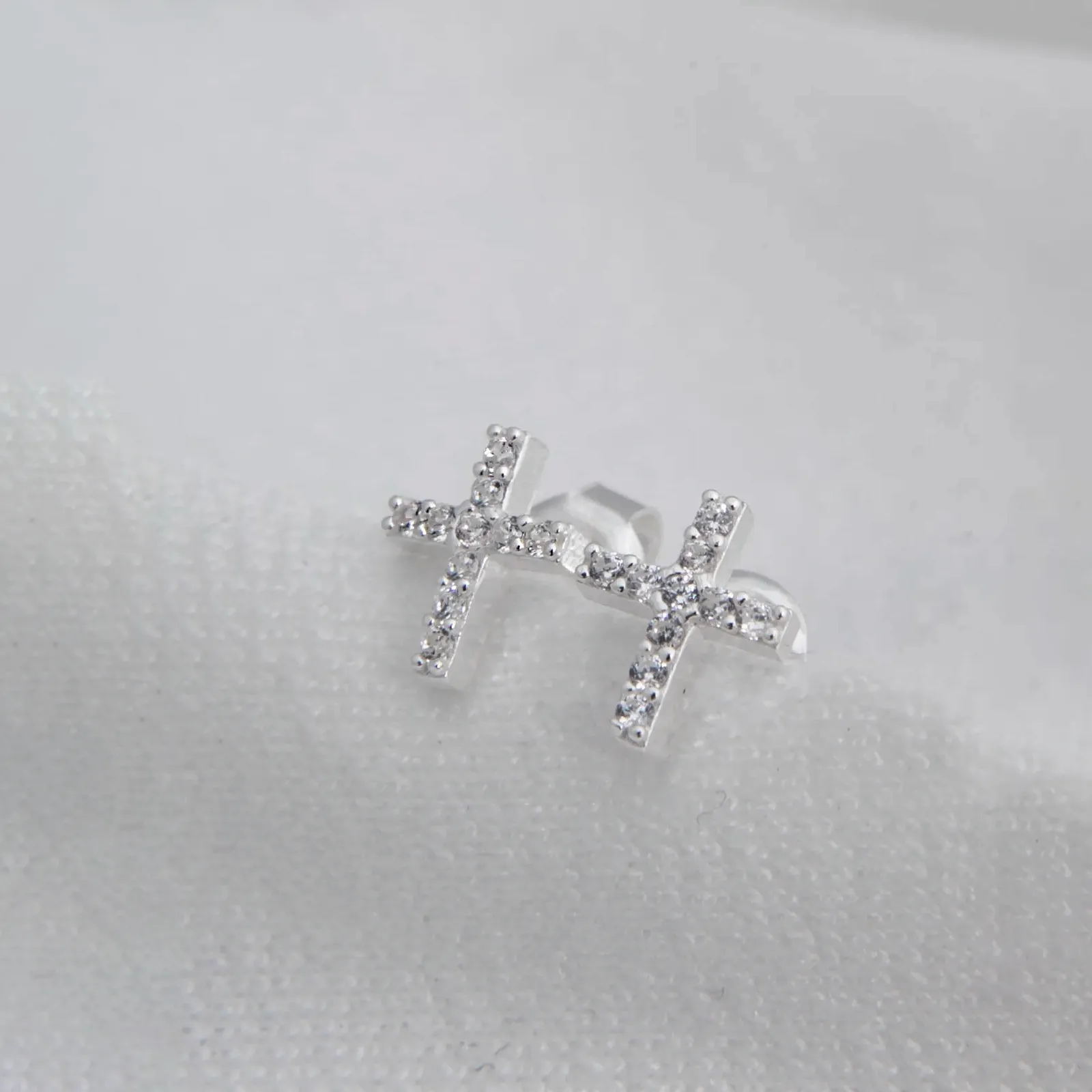 Stud Earrings Rhodium Plated Silver Cross with CZ
