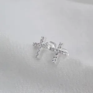 Stud Earrings Rhodium Plated Silver Cross with CZ