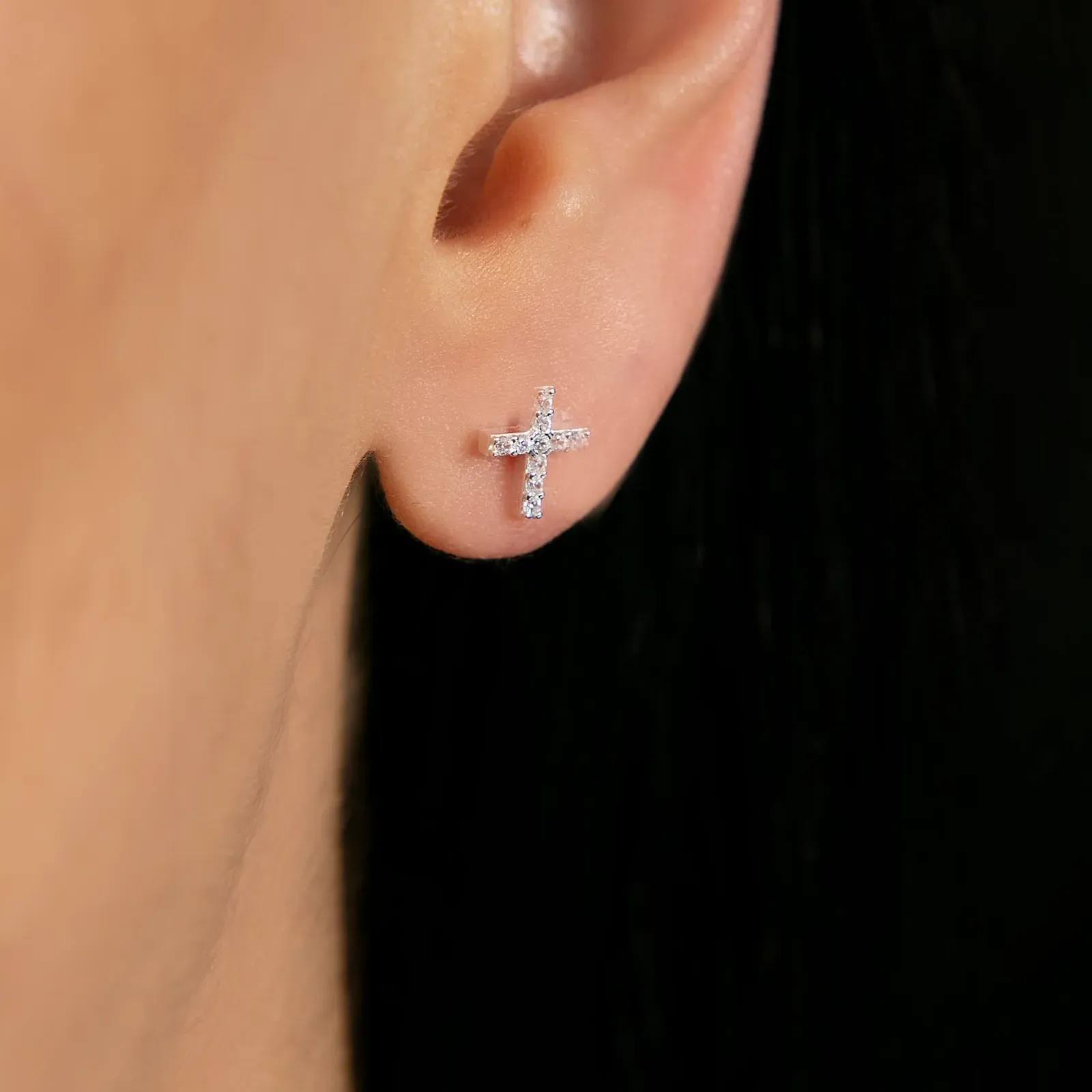 Stud Earrings Rhodium Plated Silver Cross with CZ