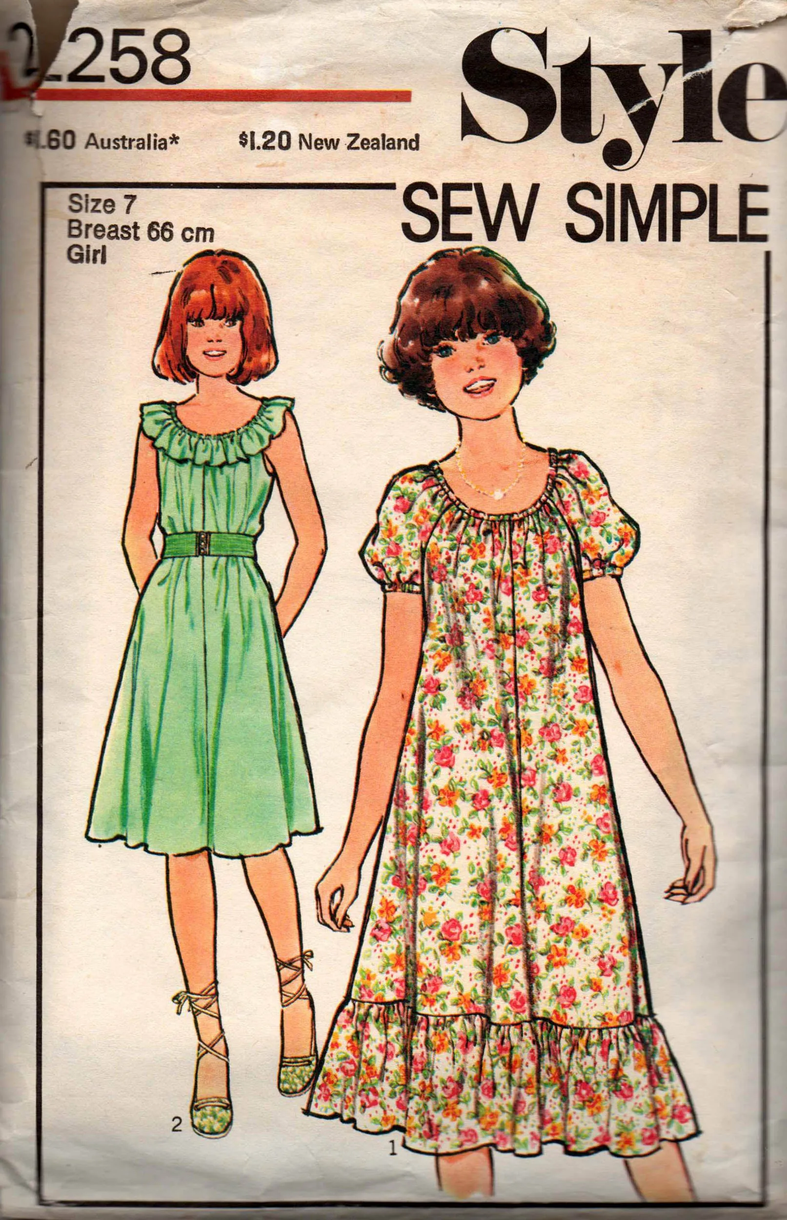 Style 2258 Girls Flounced Peasant Dress 1970s Vintage Sewing Pattern Size 7 UNCUT