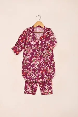 TKF-190-Royal Fucshia - Kids 2Pc Digital Silk Co-Ord Set