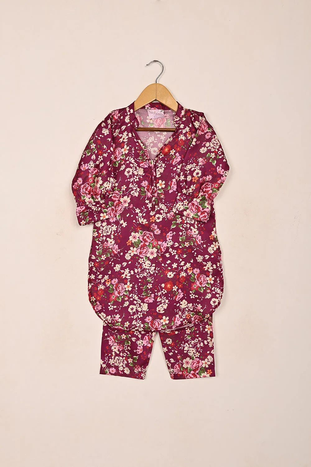 TKF-190-Royal Fucshia - Kids 2Pc Digital Silk Co-Ord Set