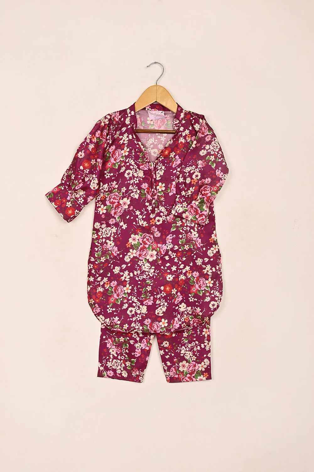 TKF-190-Royal Fucshia - Kids 2Pc Digital Silk Co-Ord Set