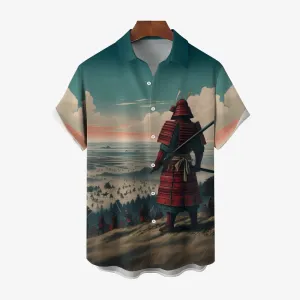 Ukiyo-E Style Samurai Print Casual Short Sleeve Shirt 2404001869