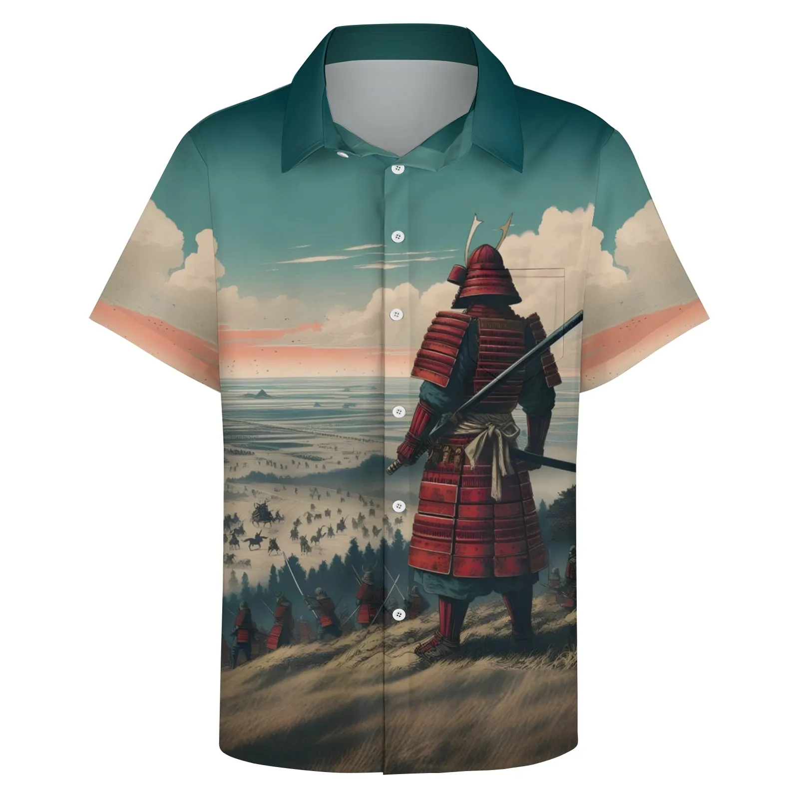 Ukiyo-E Style Samurai Print Casual Short Sleeve Shirt 2404001869