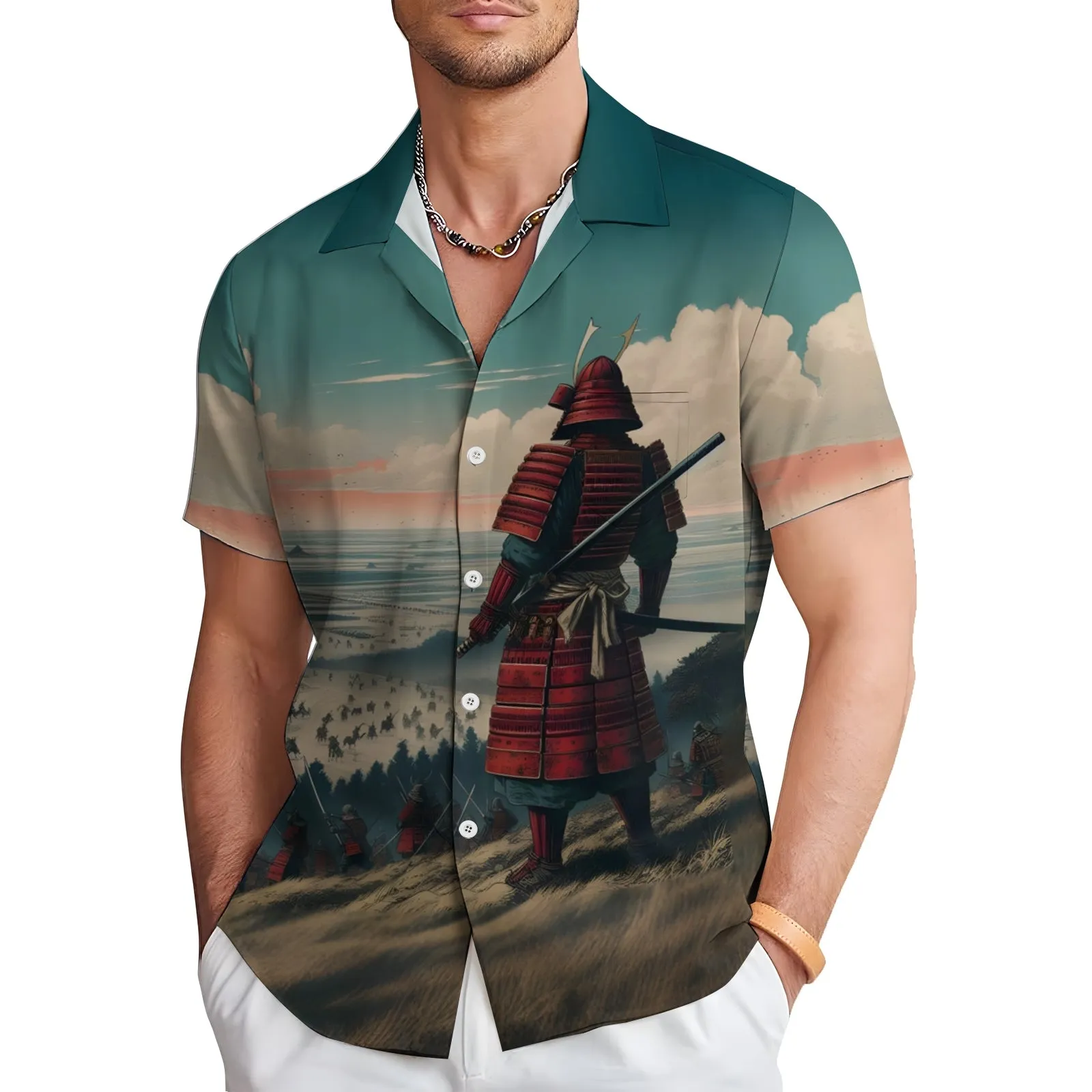 Ukiyo-E Style Samurai Print Casual Short Sleeve Shirt 2404001869