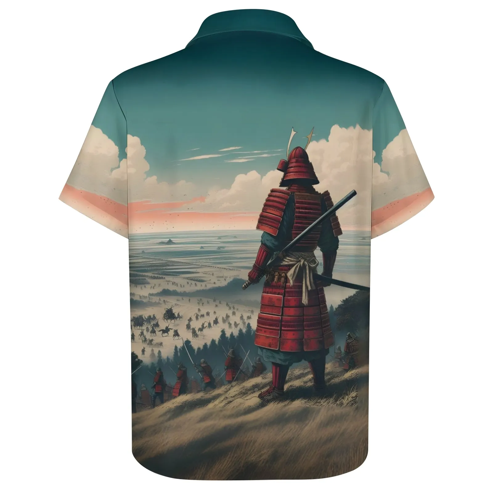 Ukiyo-E Style Samurai Print Casual Short Sleeve Shirt 2404001869