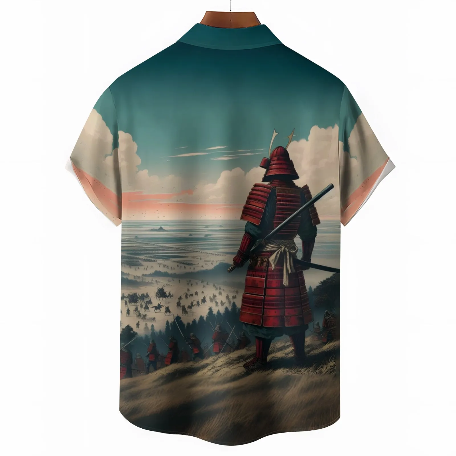 Ukiyo-E Style Samurai Print Casual Short Sleeve Shirt 2404001869