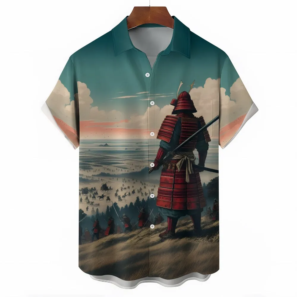 Ukiyo-E Style Samurai Print Casual Short Sleeve Shirt 2404001869