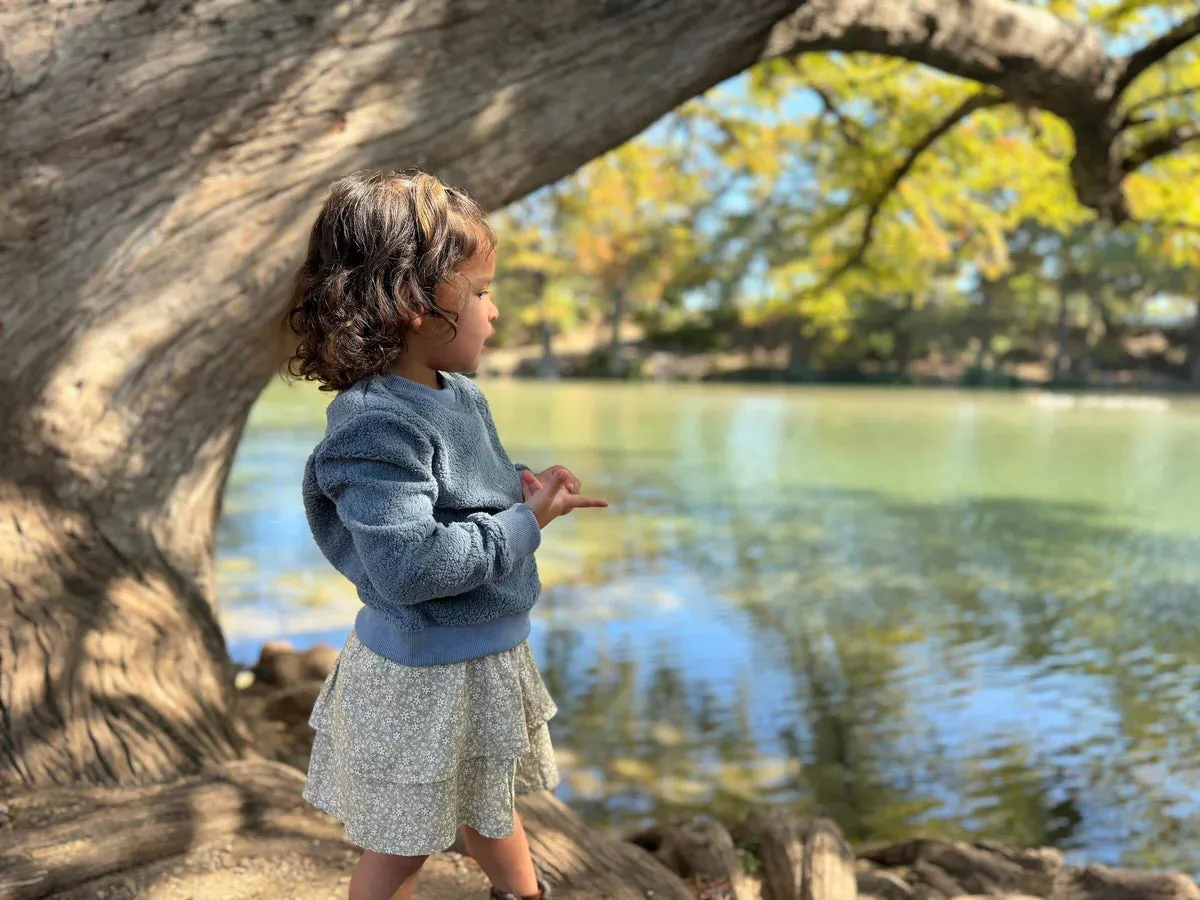 Vignette “Coco” Fuzzy Sweatshirt in Dusty Blue: Size 3 to 10