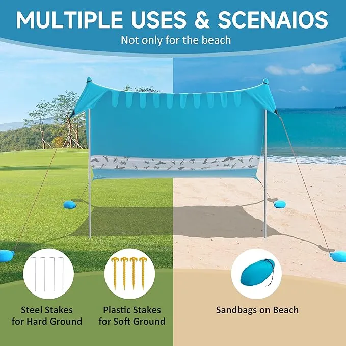 VILLEY Beach Tent Sun Shelter with UPF50  Protection for 5 Person, 8x7FT Portable Sun Shade with 2 Stability Poles and 4 Sandbags, Outdoor Beach Canopy for Camping, Picnics, Fishing, Outdoors(Blue)