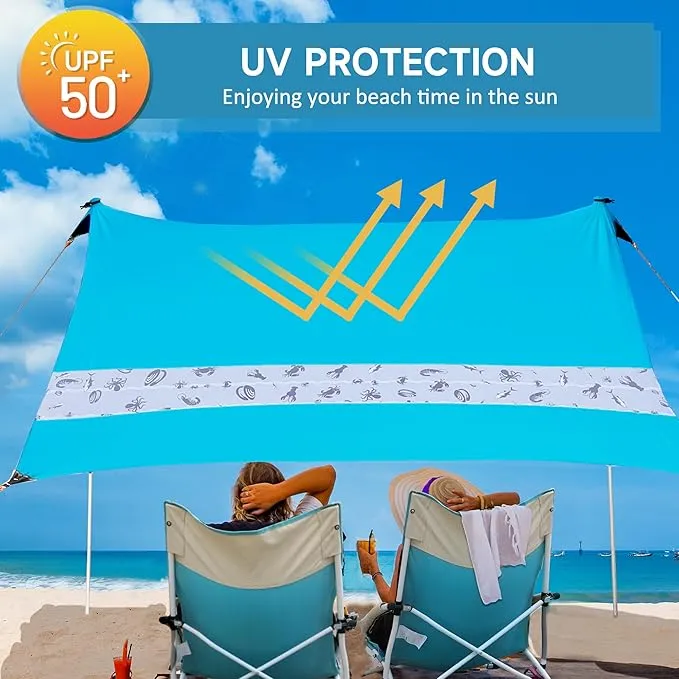 VILLEY Beach Tent Sun Shelter with UPF50  Protection for 5 Person, 8x7FT Portable Sun Shade with 2 Stability Poles and 4 Sandbags, Outdoor Beach Canopy for Camping, Picnics, Fishing, Outdoors(Blue)