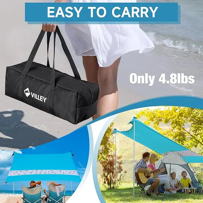 VILLEY Beach Tent Sun Shelter with UPF50  Protection for 5 Person, 8x7FT Portable Sun Shade with 2 Stability Poles and 4 Sandbags, Outdoor Beach Canopy for Camping, Picnics, Fishing, Outdoors(Blue)