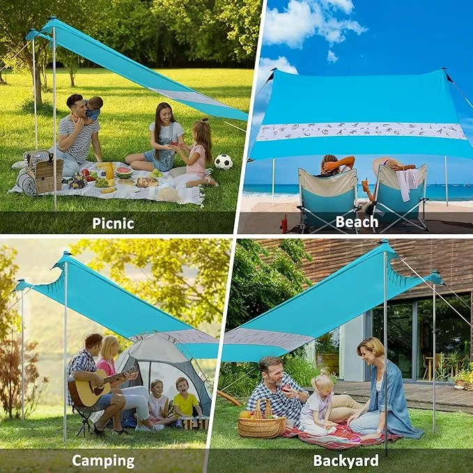 VILLEY Beach Tent Sun Shelter with UPF50  Protection for 5 Person, 8x7FT Portable Sun Shade with 2 Stability Poles and 4 Sandbags, Outdoor Beach Canopy for Camping, Picnics, Fishing, Outdoors(Blue)