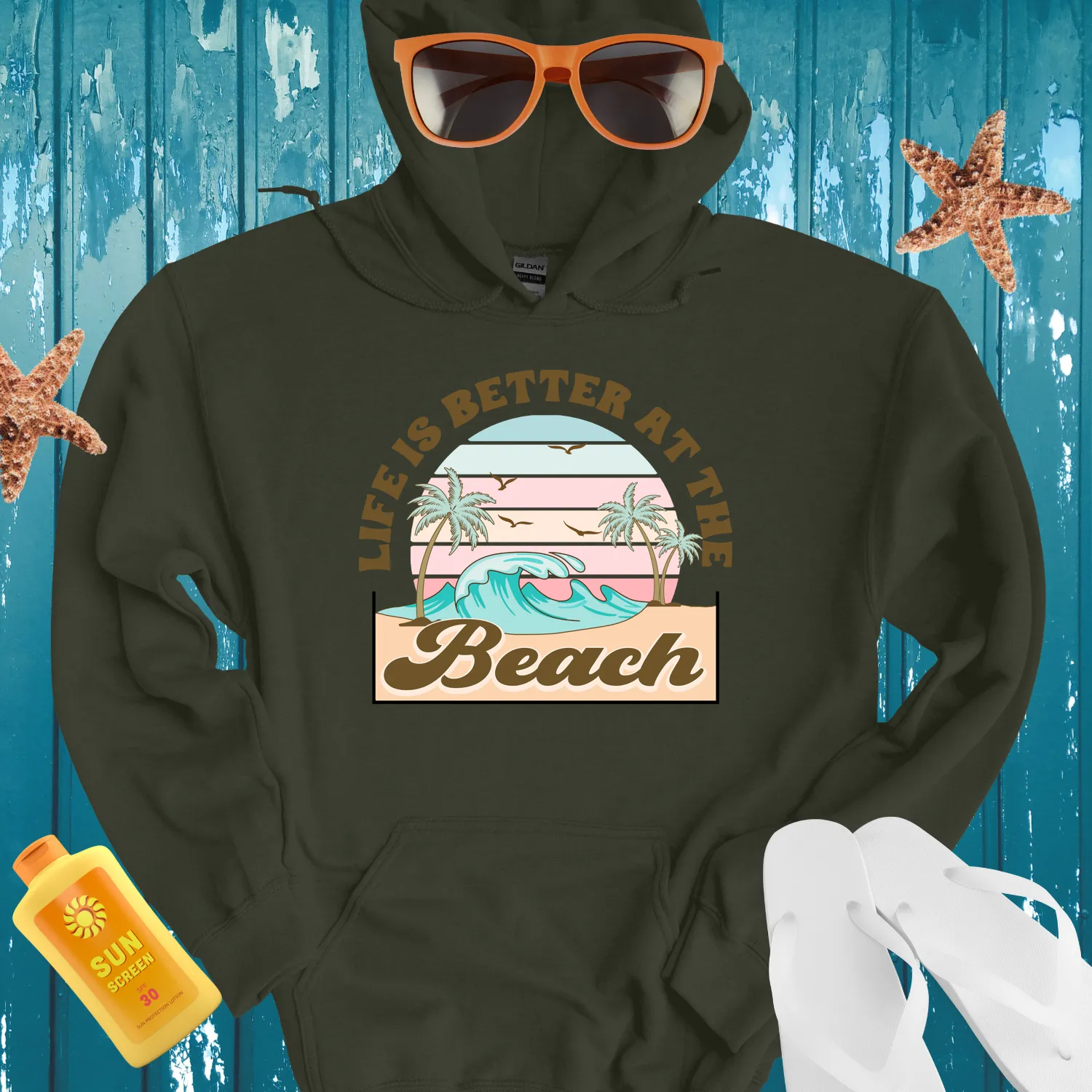 Vintage Beach Hoodie With Retro Sunrise Design