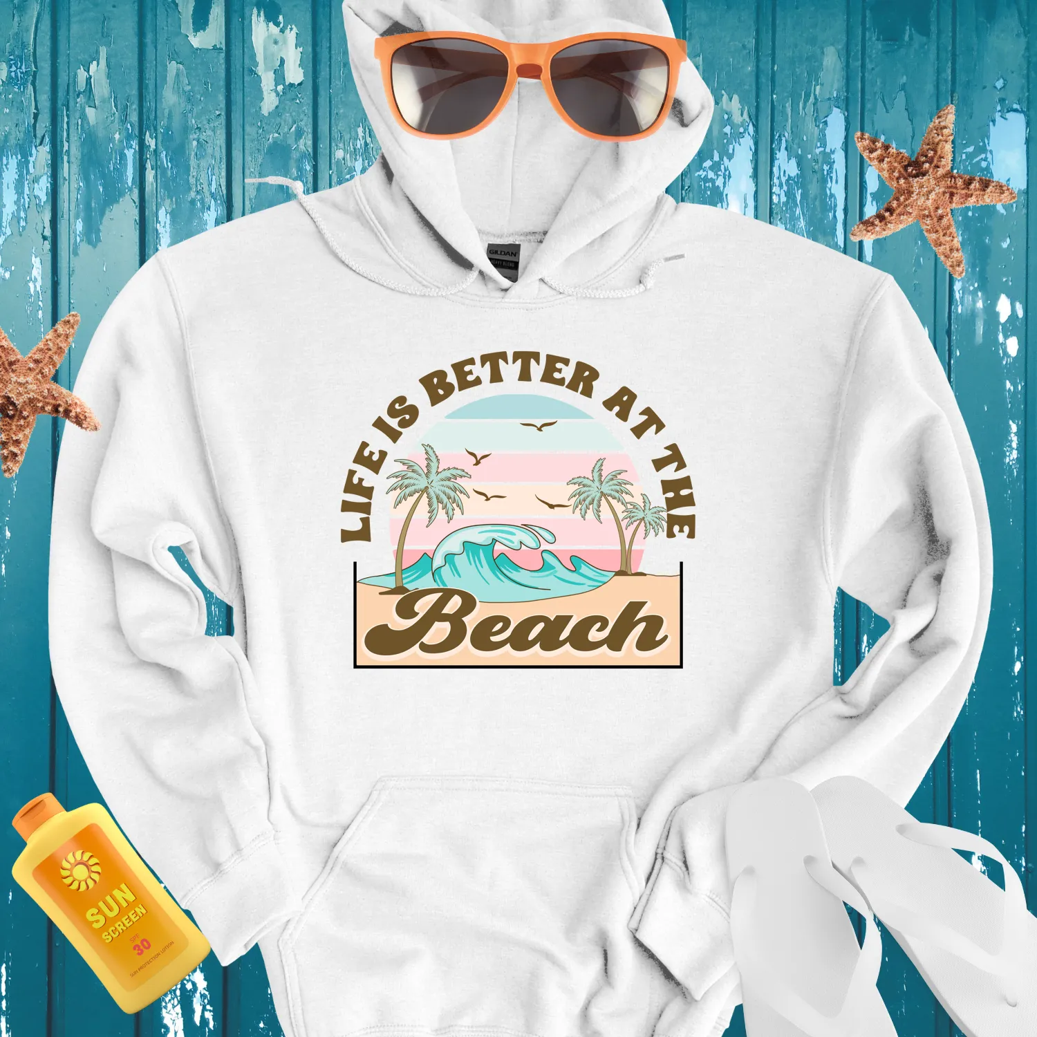 Vintage Beach Hoodie With Retro Sunrise Design