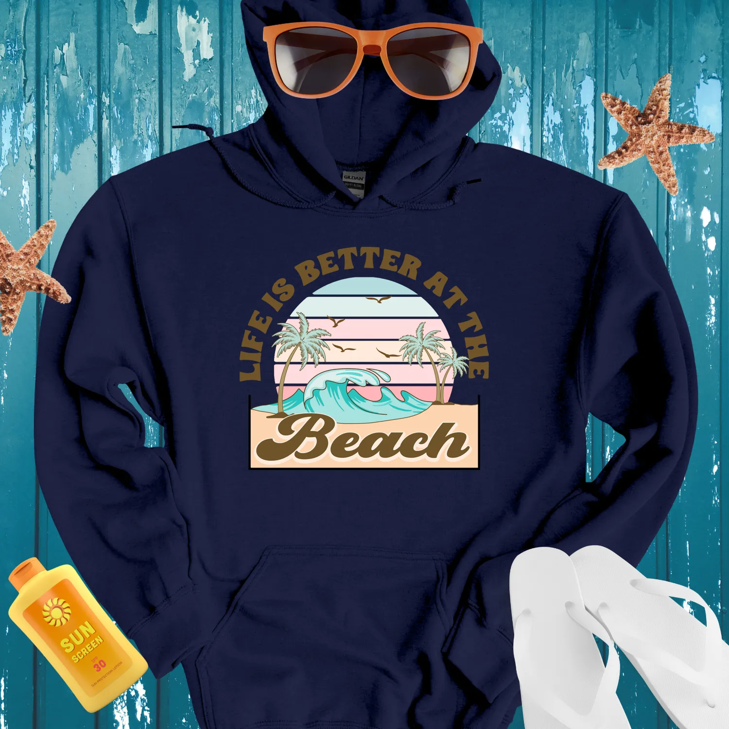 Vintage Beach Hoodie With Retro Sunrise Design