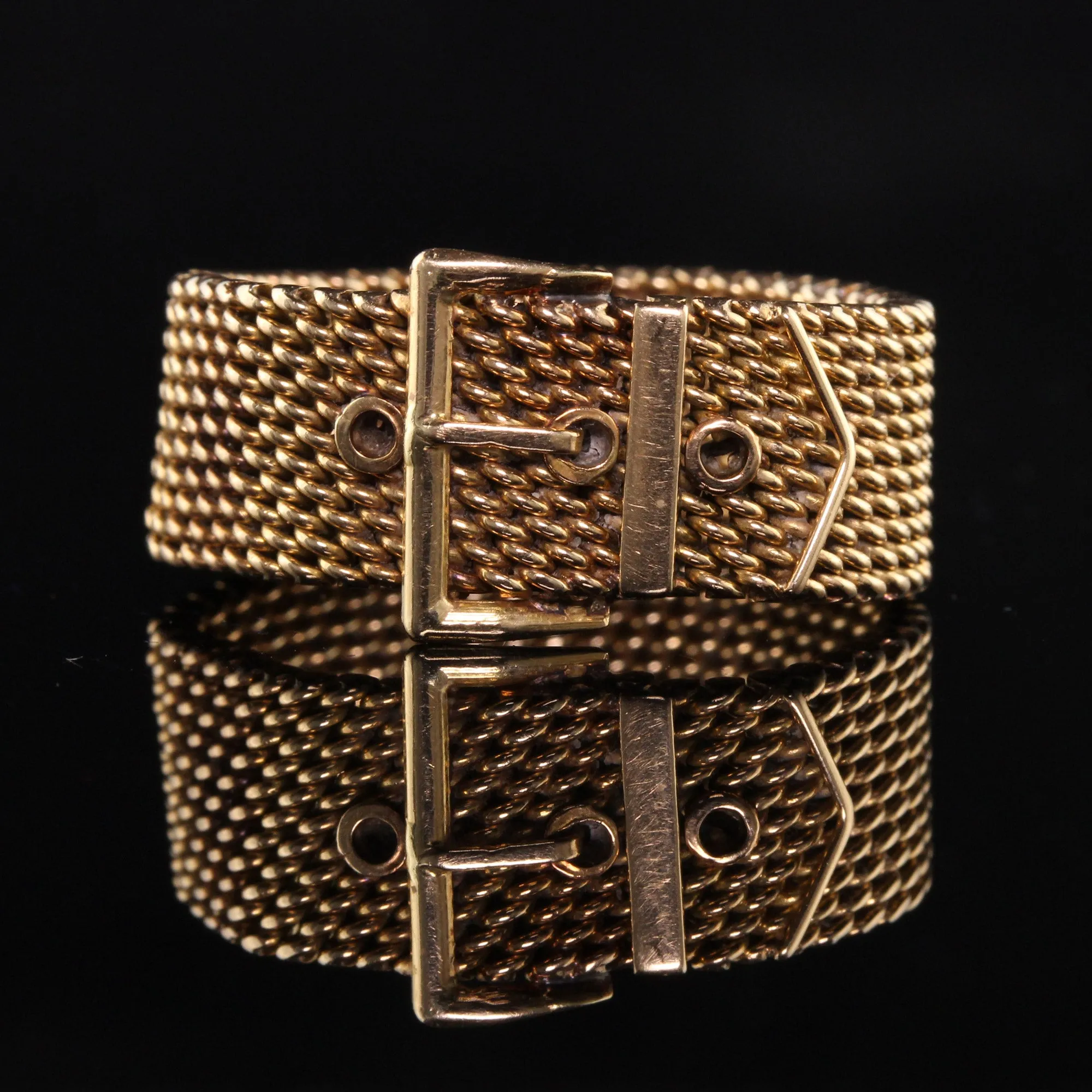Vintage Retro 18K Yellow Gold Mesh Flexible Buckle Ring