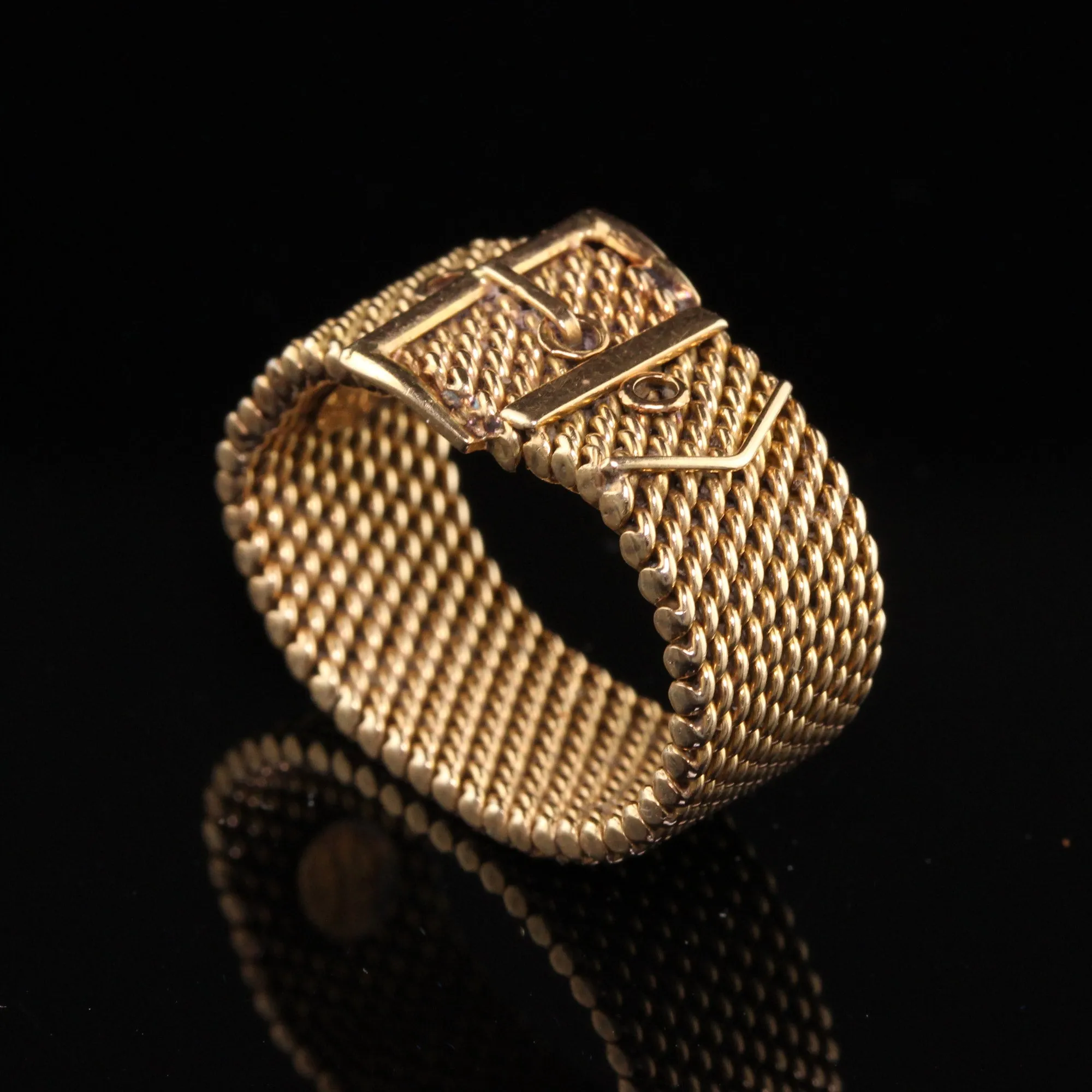 Vintage Retro 18K Yellow Gold Mesh Flexible Buckle Ring