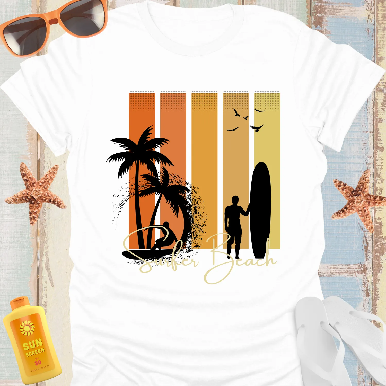 Vintage Surfer Beach Tshirt With Sunset And Palm Trees