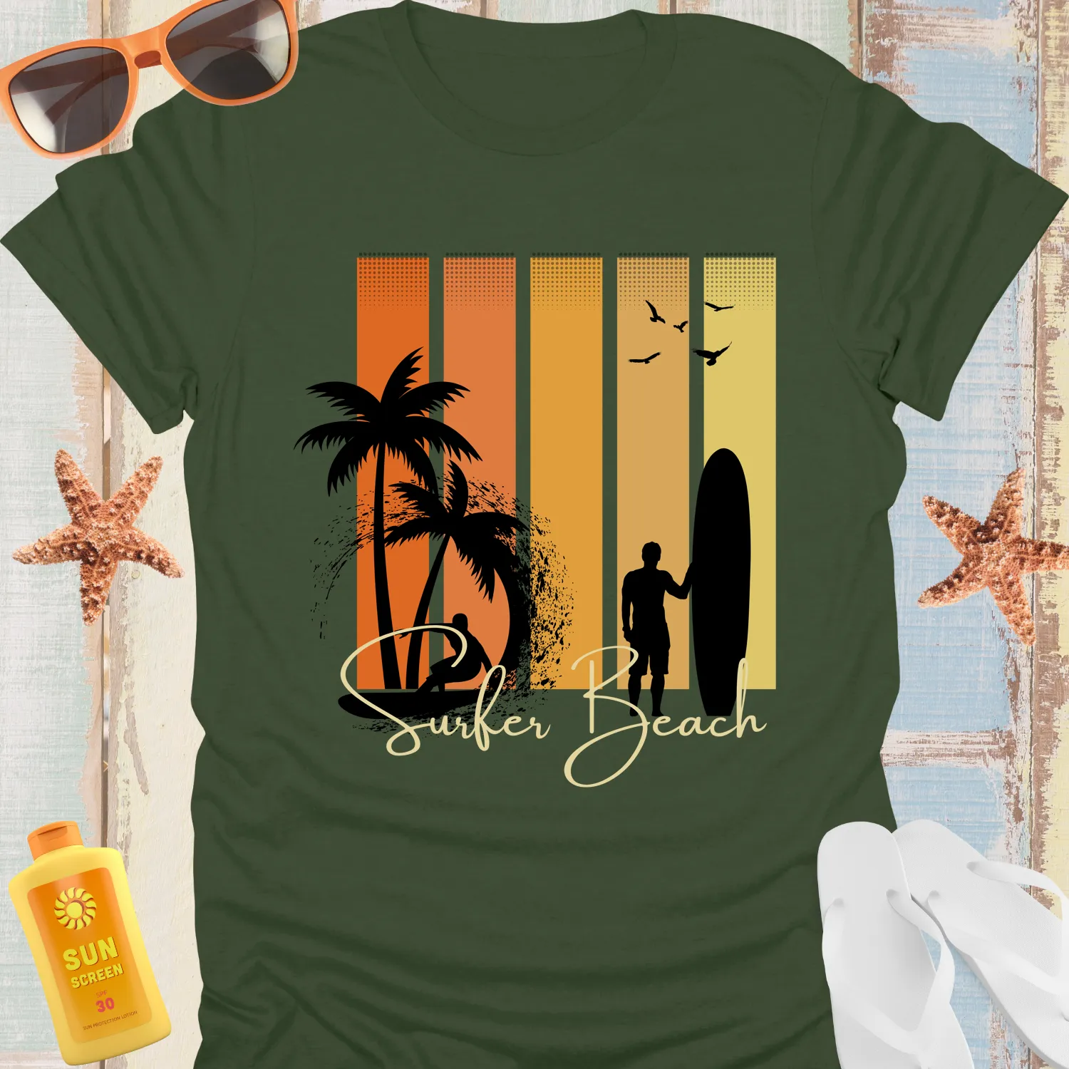 Vintage Surfer Beach Tshirt With Sunset And Palm Trees