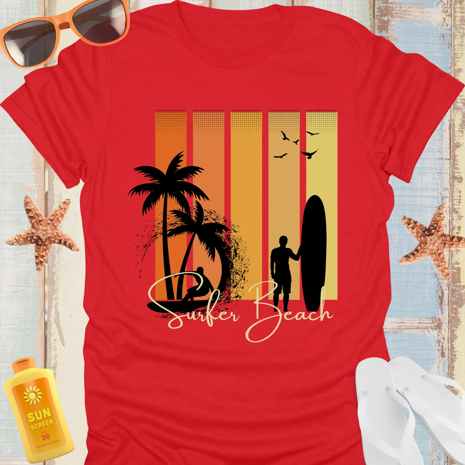 Vintage Surfer Beach Tshirt With Sunset And Palm Trees