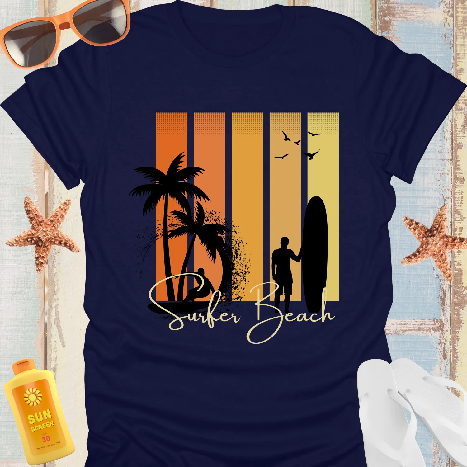 Vintage Surfer Beach Tshirt With Sunset And Palm Trees
