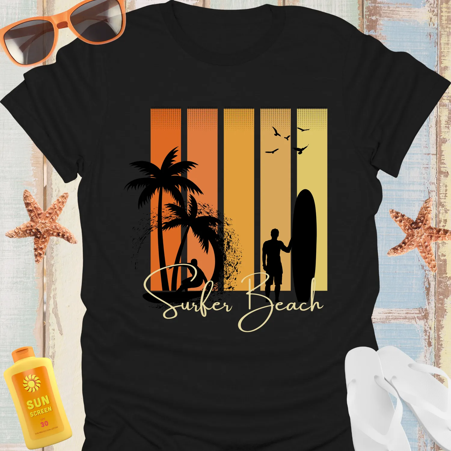 Vintage Surfer Beach Tshirt With Sunset And Palm Trees