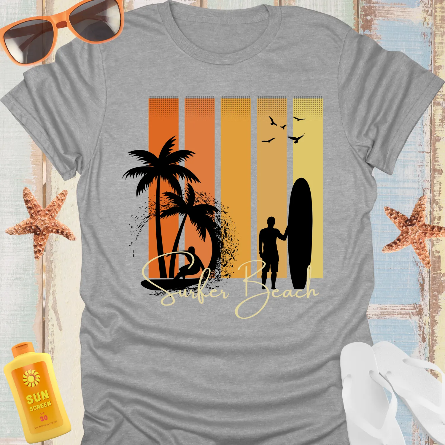 Vintage Surfer Beach Tshirt With Sunset And Palm Trees