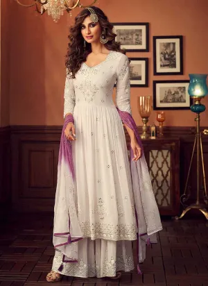 white and Purple Heavy Embroidered Sharara Style Suit