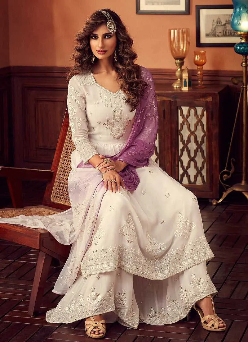 white and Purple Heavy Embroidered Sharara Style Suit
