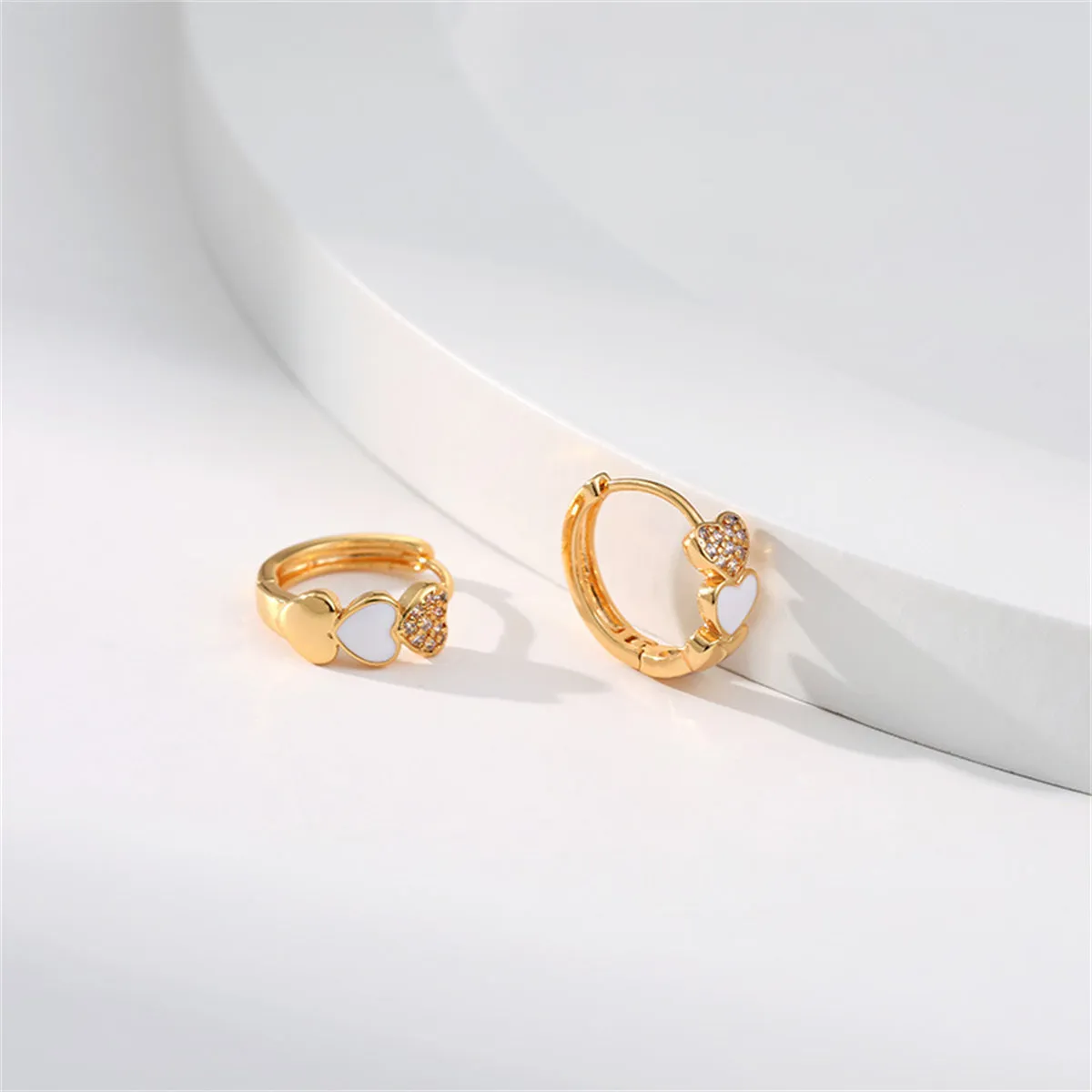 White Enamel & Cubic Zirconia Heart Stack Huggie Earrings