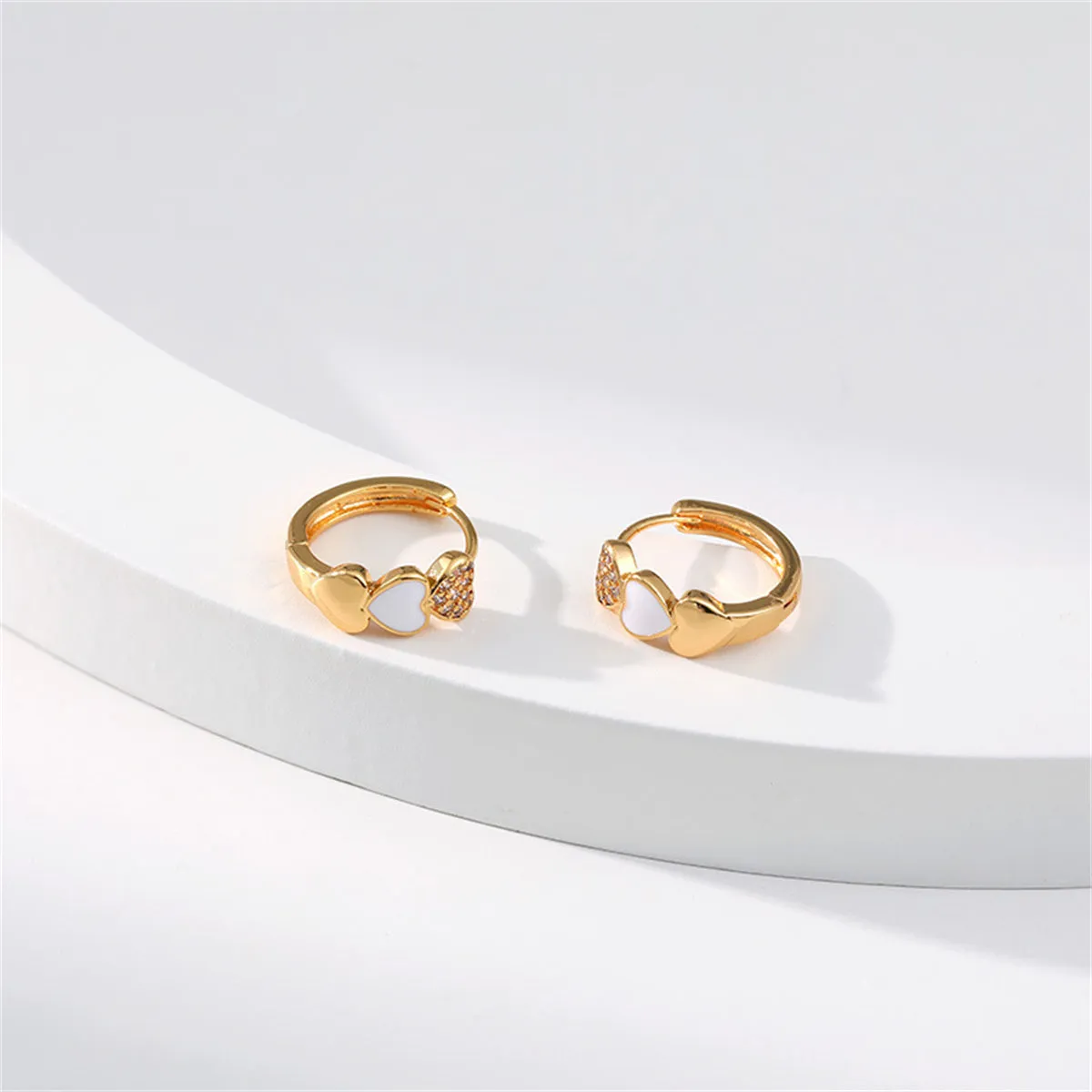 White Enamel & Cubic Zirconia Heart Stack Huggie Earrings