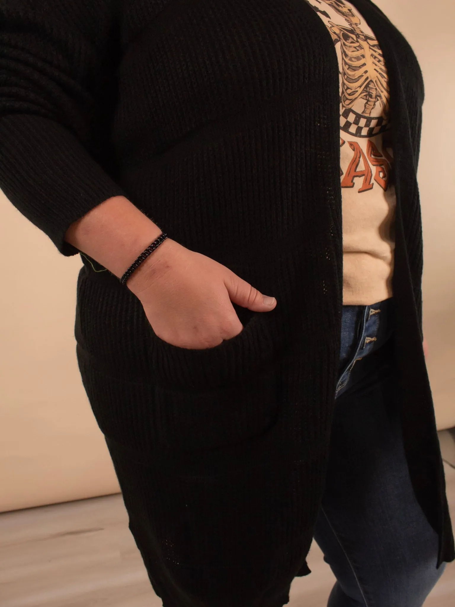 Winifred Long Textured Cardigan in Black
