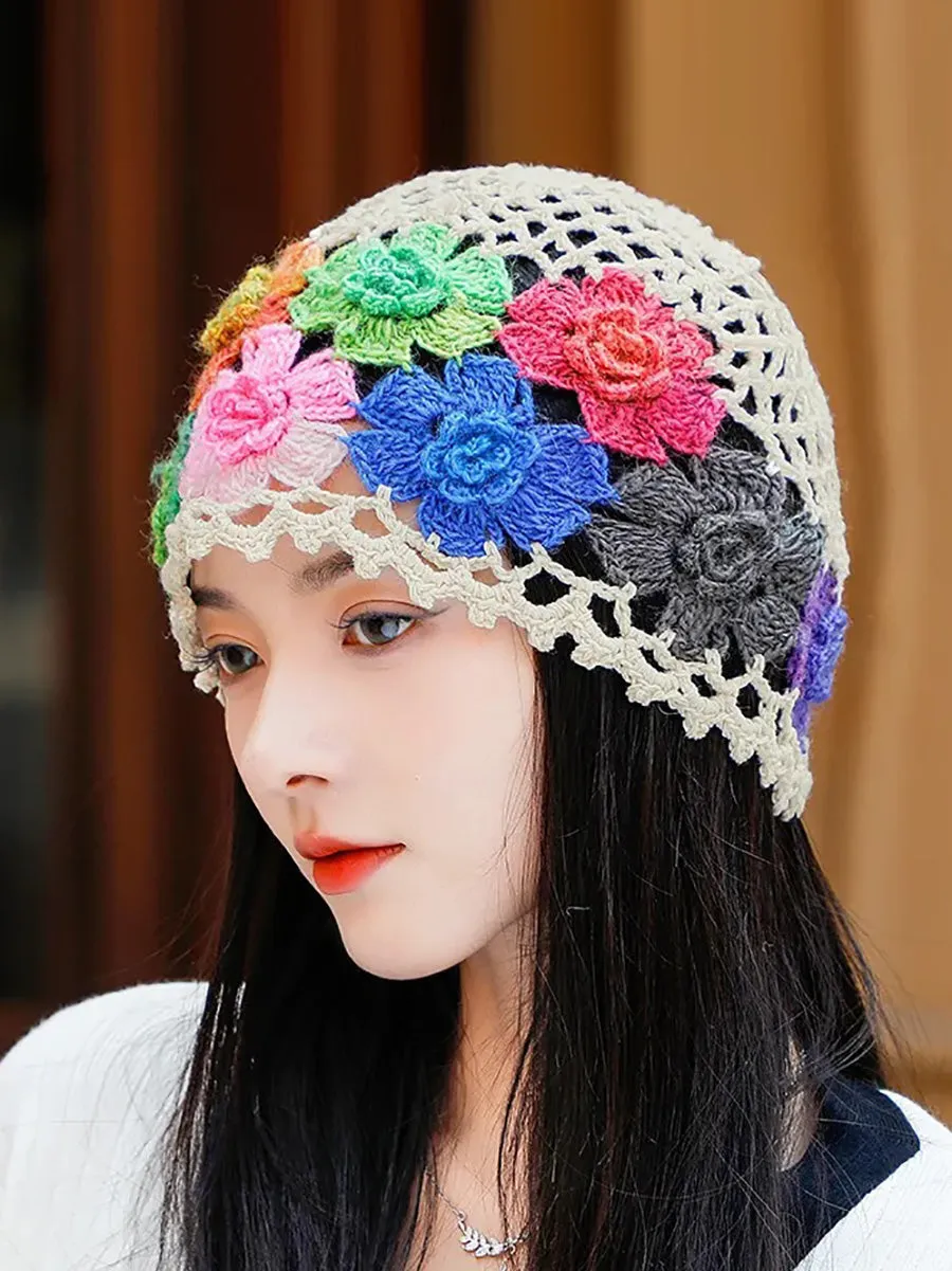 Women Artsy Colorful Flower Knit Hat