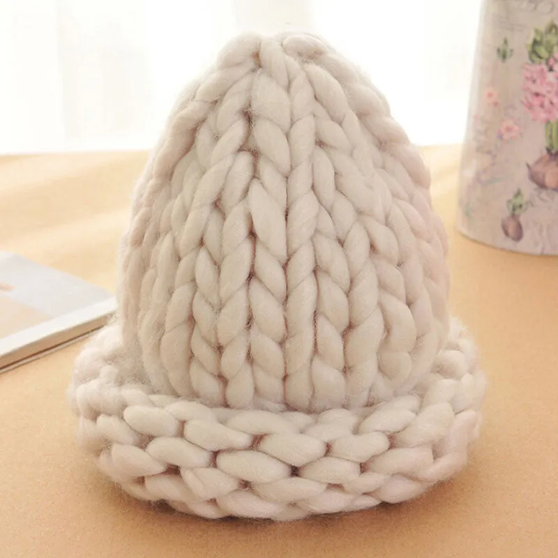 Women Winter Warm Hat Handmade Knitted Coarse Lines Cable Hats Knit Cap Candy Color Beanie Crochet Caps Women Accessories