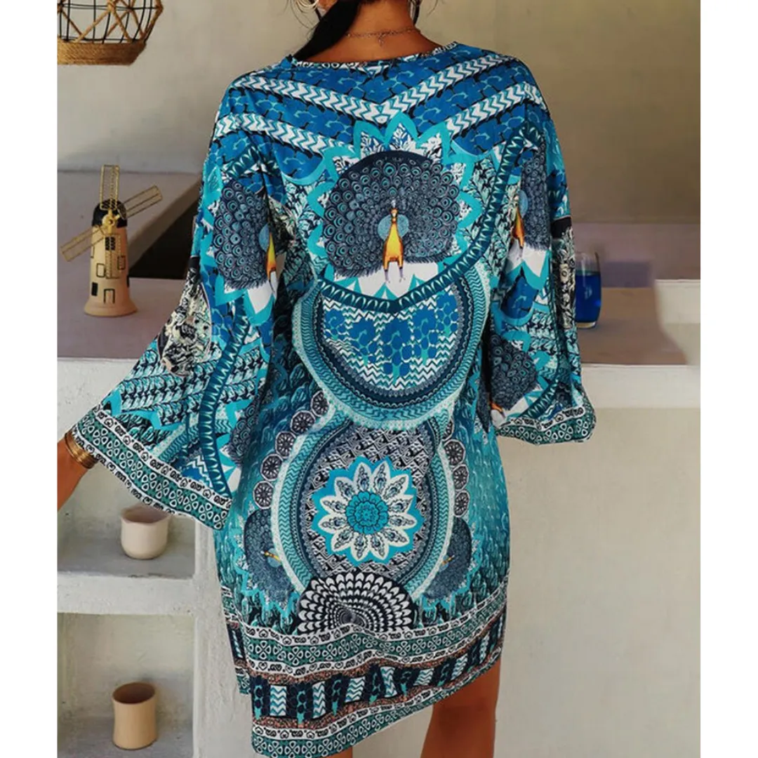Women's Retro Boho Printed V Neck Dress | Mini