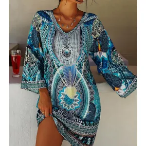 Women's Retro Boho Printed V Neck Dress | Mini