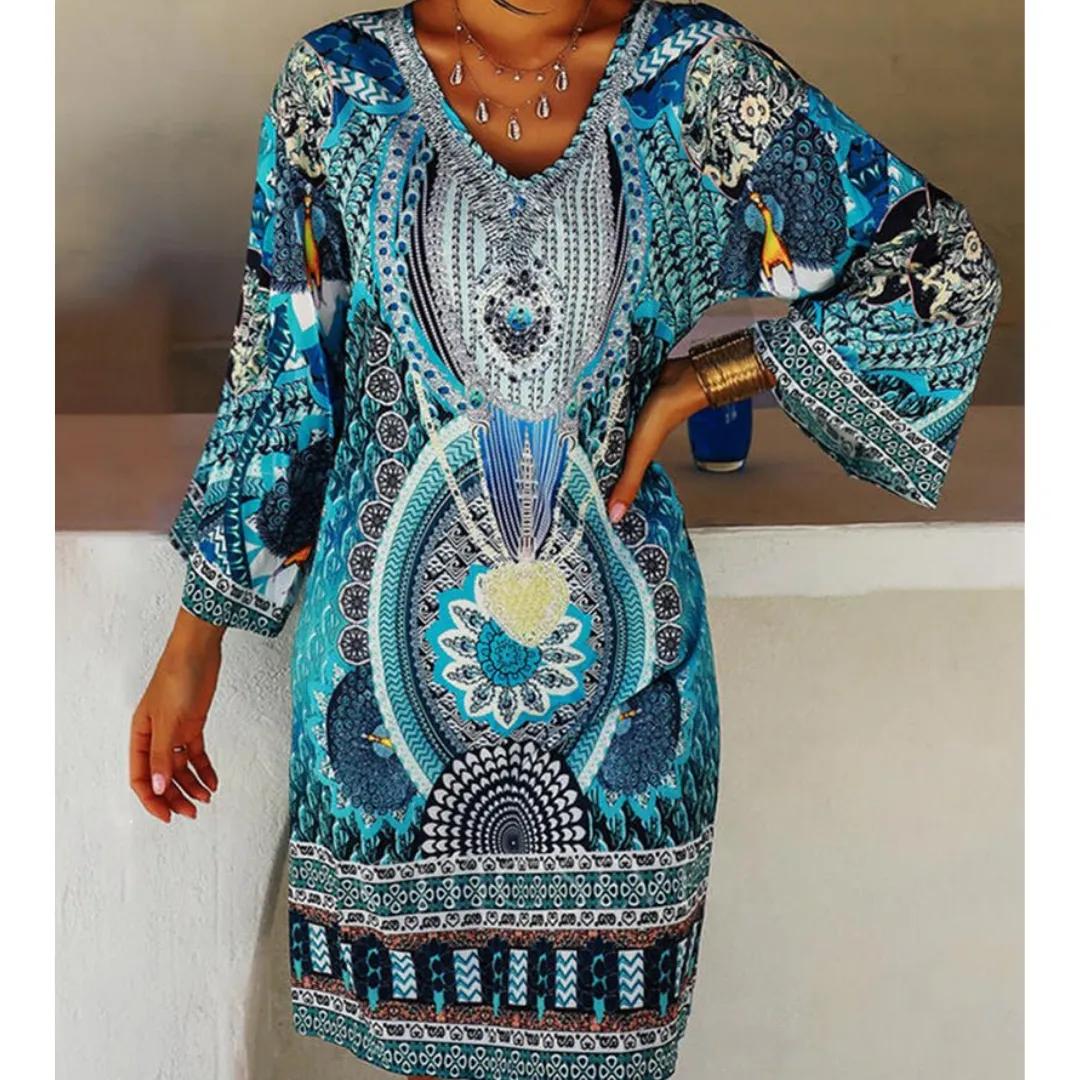 Women's Retro Boho Printed V Neck Dress | Mini