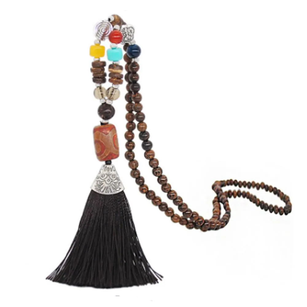 Women's Retro Ethnic Style Handmade Beaded Pendant Necklace - Brown Tassel