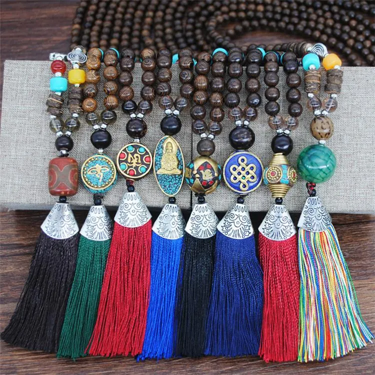 Women's Retro Ethnic Style Handmade Beaded Pendant Necklace - Brown Tassel