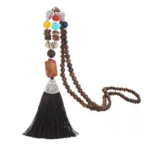 Women's Retro Ethnic Style Handmade Beaded Pendant Necklace - Brown Tassel