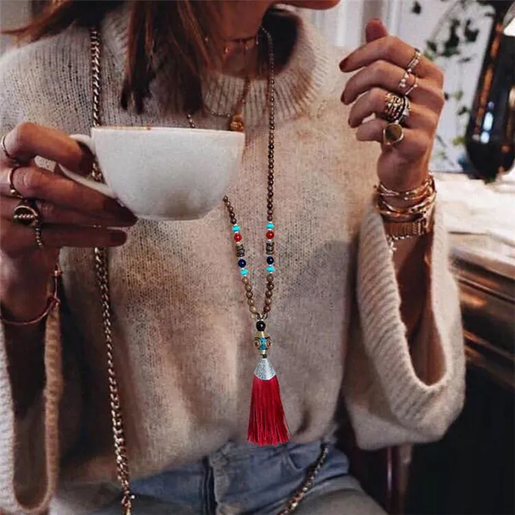 Women's Retro Ethnic Style Handmade Beaded Pendant Necklace - Brown Tassel