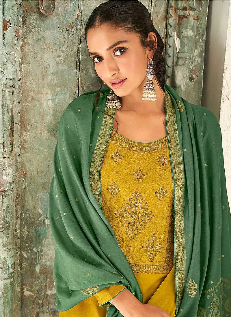 Yellow and Green Splendid Embroidered Pant Style Suit