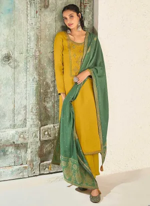 Yellow and Green Splendid Embroidered Pant Style Suit