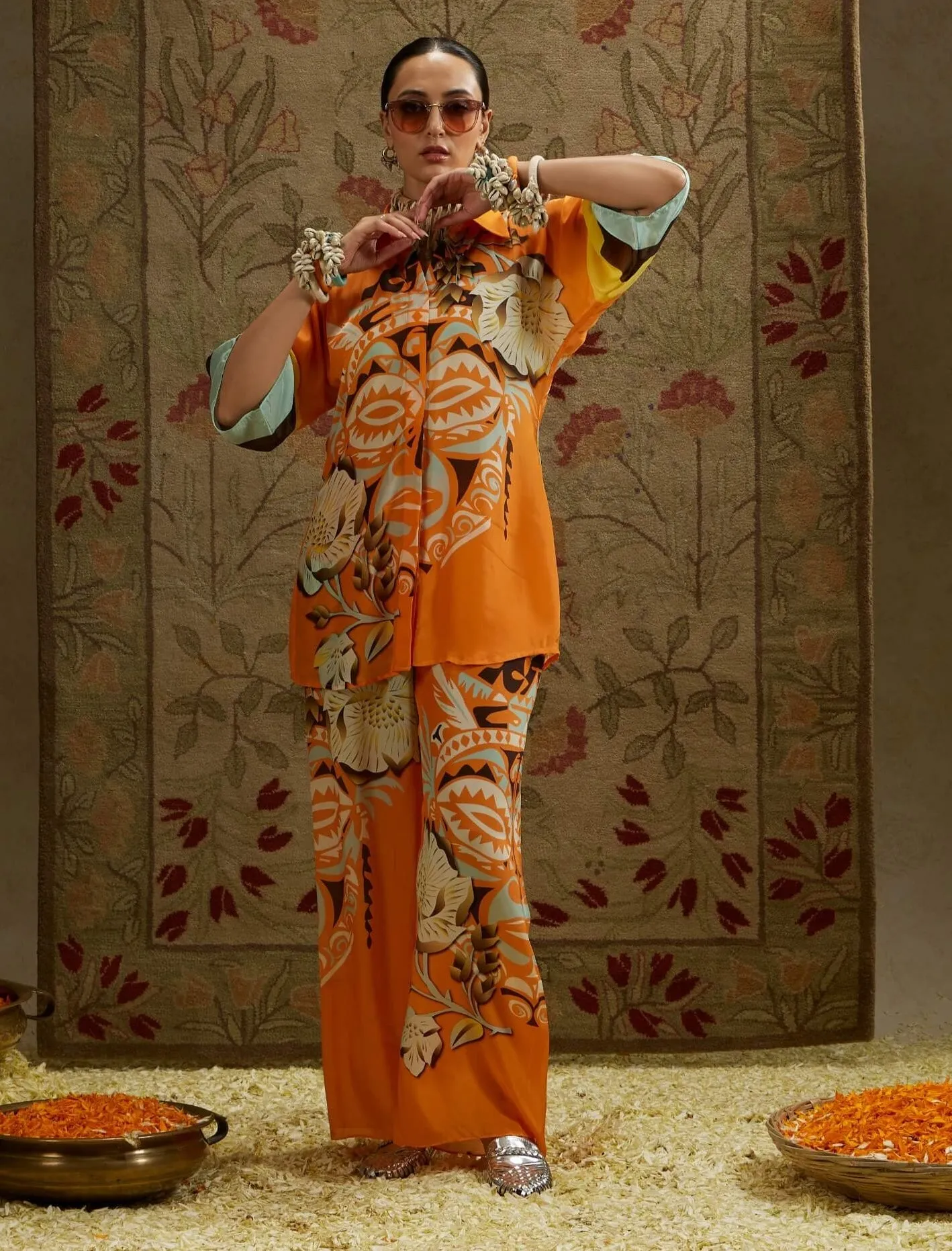 Yellow orange mask print tunic and pants